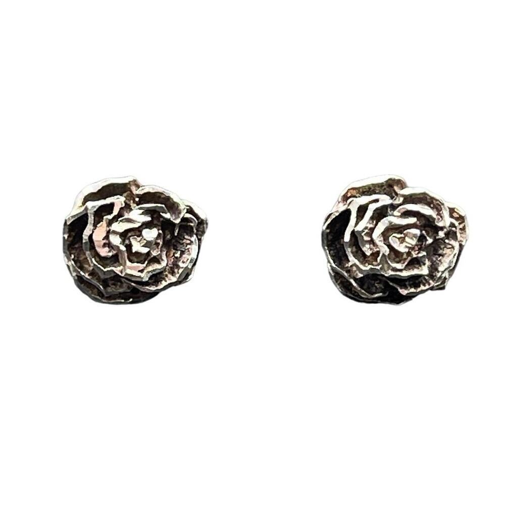 M Designer Signed Sterling Silver Diamond Cut Rose‎ Stud Pierced Earrings Mexico